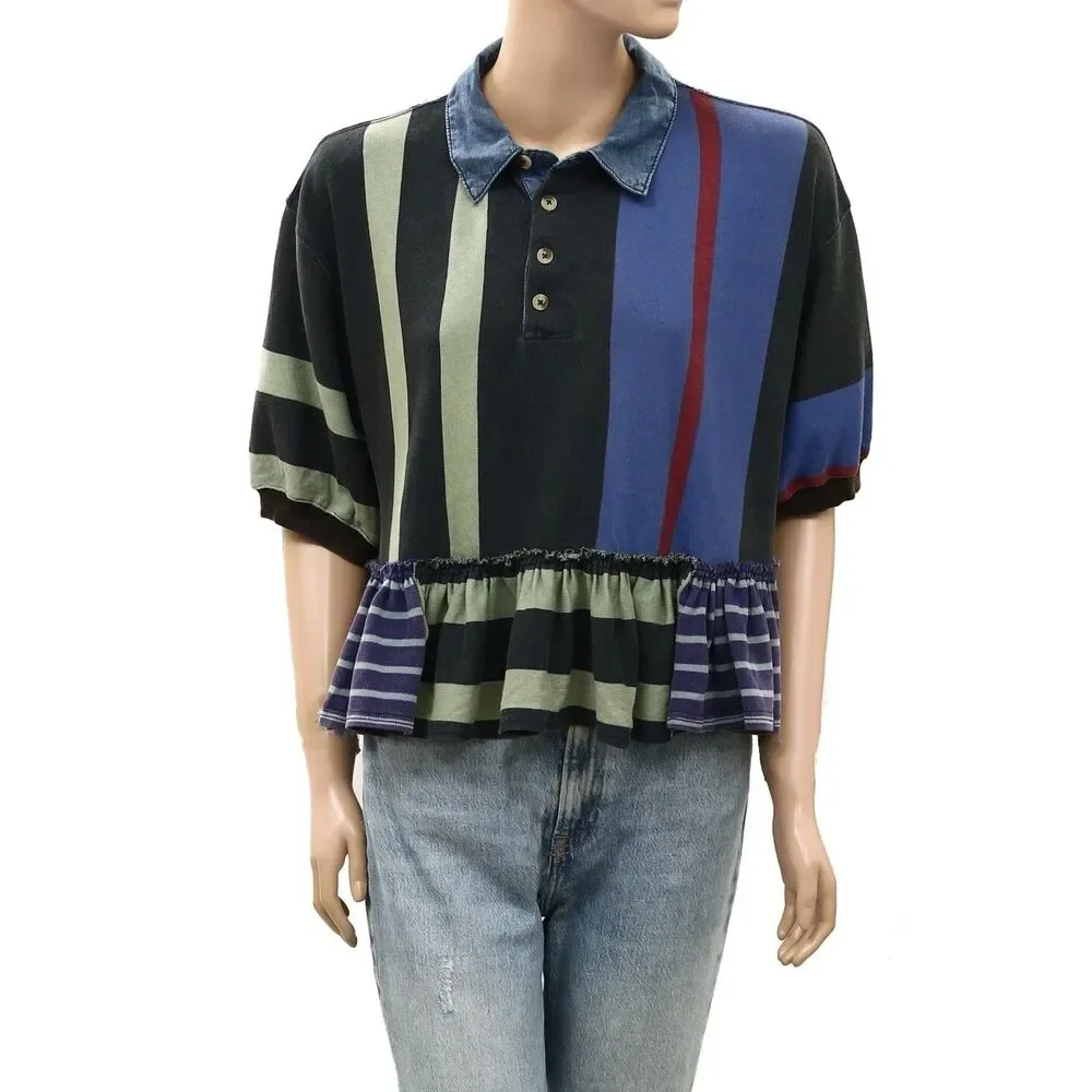 Free People Harbor Stripe Blouse Top Short Sleeves Print Ruffle Cotton S 290010